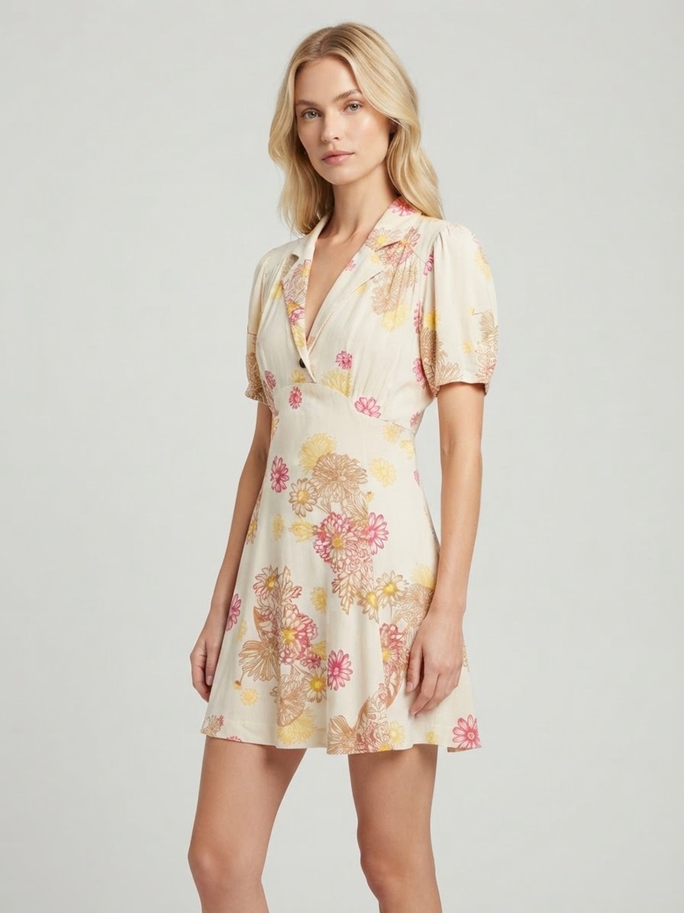 Free People Cream Floral V-Neck Mini Dress with Pink & Yellow Blooms Size Small